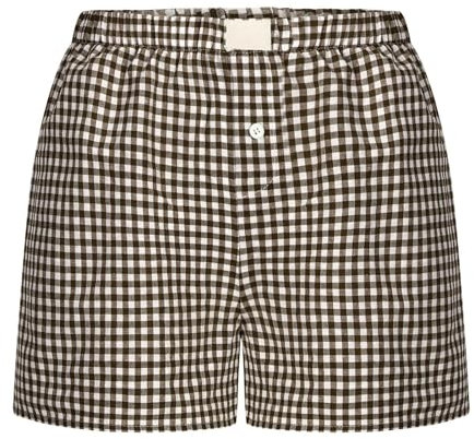 ABRTJCL Short Noir Femme Short en Lin Femme Été Short Imprimé À Carreaux Femme Pyjama Short Femme Coton Short Imprimé À Carreaux Femme Bas Pyjama Femme Shorts Femme Bas De Pyjama Marron L