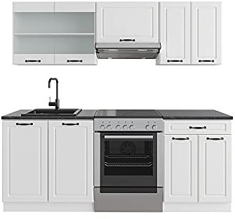 Vicco Küchenzeile R-Line, Küchenblock, Weiß Landhaus/Weiß, 200 cm, AP Anthrazit