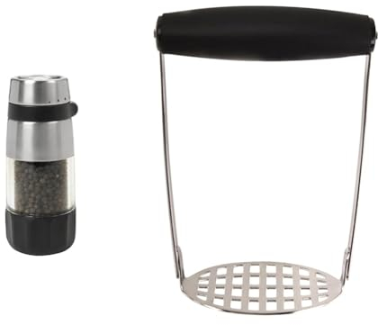 OXO Good Grips Accent Mess-Free Pepper Grinder, Silver & Good Grips Smooth Potato Masher, Transparent/Black, L