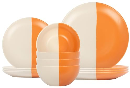 Nicola Spring 12pc Trempé Service de Table en Grès - Orange Brûlée - 4 Personnes Céramique Cuisine Vaisselle À Manger Assiettes Boules
