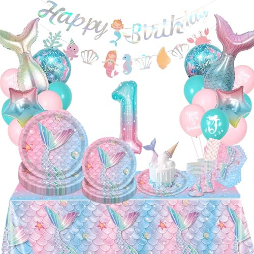 INSANYJ Mermaid 1st Birthday Decoration Set - Tableware with Plates, Napkins, Cups, Tablecloth, Balloons and Banner for Girls' Mermaid Theme Party