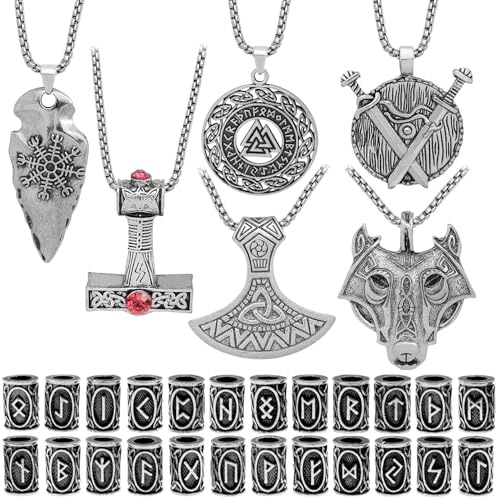 Fscwlmon 30 Stück nordische Wikinger-Runen-Halskette, Amulett-Schutz, Anhänger, Haar-, Bartperlen, Thor-Hammer-Schmuck für Männer und Frauen, DIY, Zink, Kein Edelstein