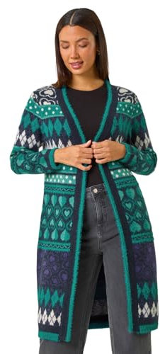 Roman Originals Women Cardigan - Ladies Longline Coatigan Tassel Open Front Cardi Winter Autumn Casual Textured Edge to Edge Yarn Patterned Comfy Work Going Out - Teal White Noir - Size 12