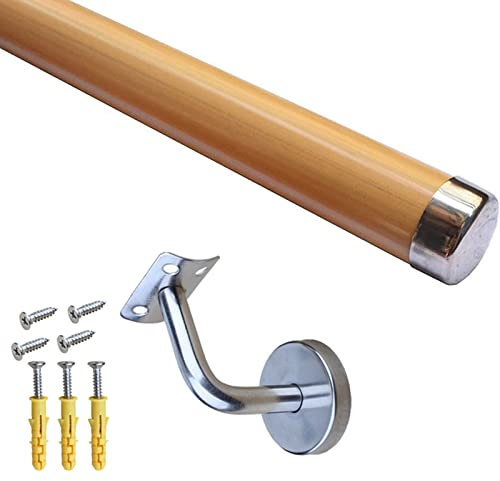 Stilvolles Treppenhandlauf-Set zur Wandmontage, komplettes DIY-Geländer-Set mit silbernen Halterungen, für drinnen und draußen, Handlauf für Treppen, Holzfarbe, 3,9 m Länge