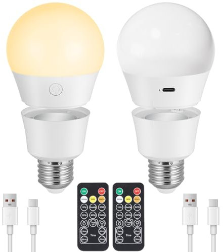 E27 LED Lampen, Wiederaufladbare Glühbirne mit Fernbedienung, 3 Farben Dimmbare LED Glühbirne mit Batterie, Timer, Magnetische Abnehmbaren 7W Akku Glühbirnen für Lampen Ohne Strom, Notlicht, 2 Stück