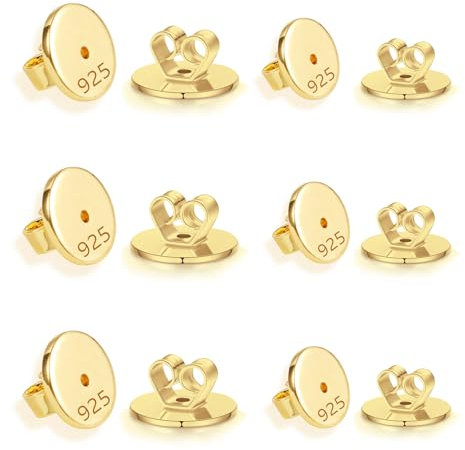 TUIOLUI 12 Stück Gold Ohrstecker Verschlüsse, 925 Sterling Silber, Modern, Poliert, Hypoallergen, Geeignet für die meisten Ohrstecker, Earring Backs
