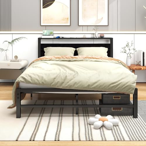 ARFARLY Metallbett 120x200 Bettgestell mit Holz-Kopfteil | Plattform-Bettgestell | Starke Lattenrost-Matratzenbasis | einfache Montage- Schwarz