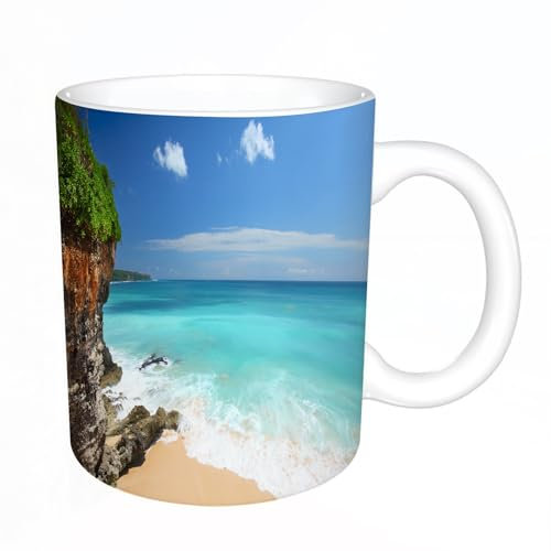 YFHJV Grosse Kaffeetasse - Bürotasse - Tasse Keramik Kaffeetassen Große 11oz - teetasse groß - cappuccino tassen - Tropischer Strand mit Felsen und blauem Meer der l Bali, Indonesien