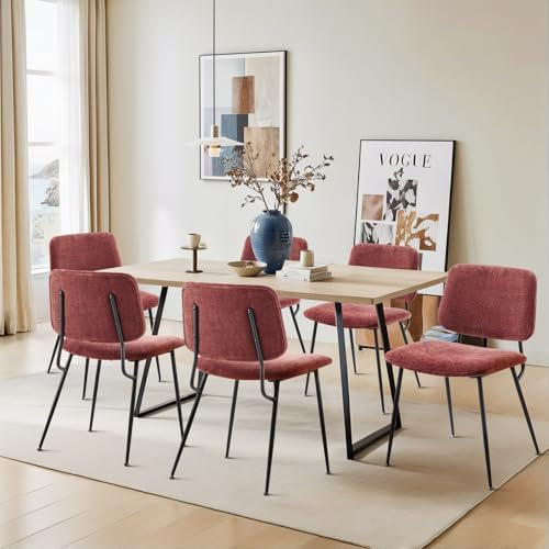 COLAMY Stühle Esszimmer 6er Set, Moderner Küchenstühle, Esszimmerstuhl, Polsterstühle, Esstisch Stühle, Stühle Esszimmer, Mittagessenstühle, Stoff, Metallbeine, Rot