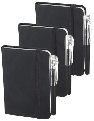 GooDengFull 3 Stück Mini Notizbuch Klein, Kleines Notizbuch A7 mit 3 Stift 80 Seiten/Buch Liniert Taschenbuch mit Register Wird für Männer Frauen Zurück zur Schulsaison (Schwarz)