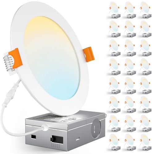 CHARKEE 24 Pack 6 Inch 5CCT Ultra-Thin LED Recessed Ceiling Light with Junction Box, 2700K-5000K, 1050LM High Brightness, Dimmable Canless Wafer Downlight,12W Eqv 110W, ETL & Energy Star & FCC