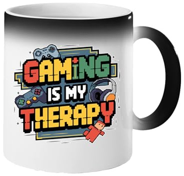 Excudo Trade LTD Gaming is My Therapy Magic Mug Heat Reveal Coffee Cup with Game Controllers & Headphones Funny Style Gamer Gift Retro Video Game Color Changing Mug for Stress Relief - Black