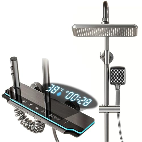 Duschsystem Warm- und Kaltverstellung, 4 Strahlarten Duschkopf, Regendusche mit Armatur, LED-Digitalanzeige, Quadratische Kopfbrause, Duscharmatur Komplettset (A)