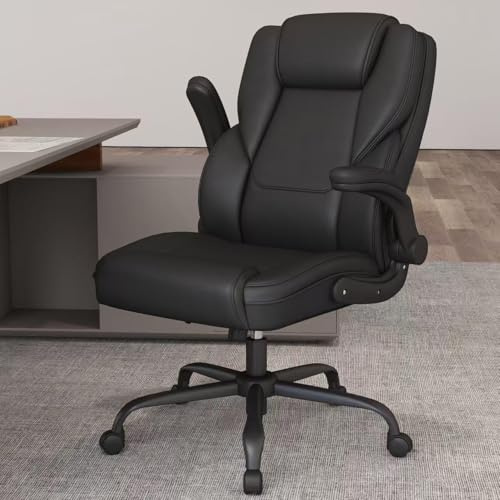 AnyGod Exzecutiv - Sedia da ufficio con supporto lombare, ergonomica, in pelle, con schienale alto e braccioli pieghevoli, altezza regolabile, funzione altalena, colore nero