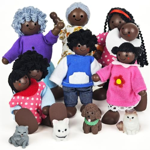 BBUEE Puppenhaus Puppen, 12 Stück Puppenhaus Figuren Familie Set, Holz Biegepuppen, Mit Katze Und Hund Puppenfamilien, Für Puppenhaus Zubehör Spiel Geschenk