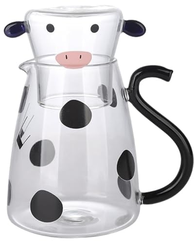 Simpatica e creativa caraffa per l'acqua da comodino a forma di mucca e set di bicchieri da 550 ml - Brocca per acqua per tè freddo, caffè al latte