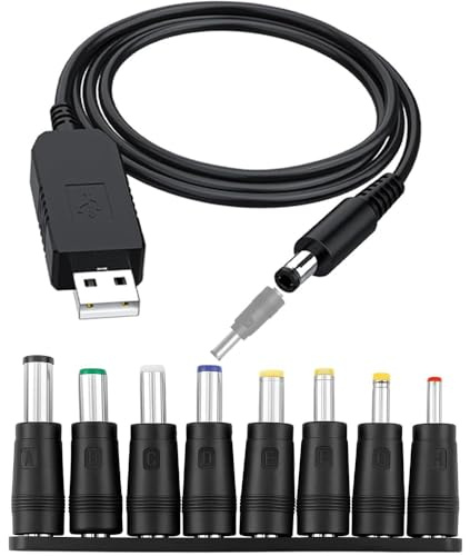 Standard USB to DC 12V Cable, PVC 1M Universal Power Chager Cord | 5x2.1mm Round Pin Barrel Jack Charging Cable with 8 Interchageable DC Connectors for LED Strip Router CCTV Camera