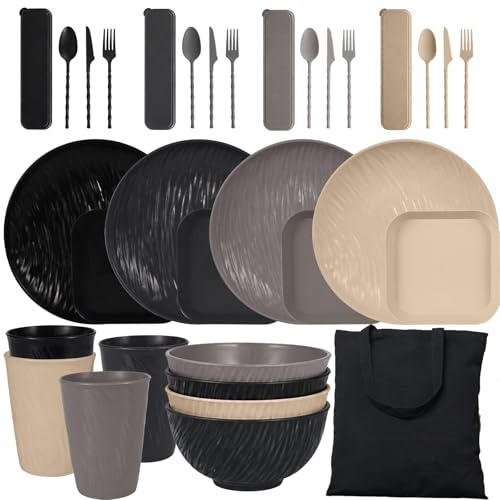 YESAH Dinner Set for 4,Camping Tableware with Plates Bowls Cups Cutlery | Neutral Unbreakable Lightweight Plastic Picnic Set with Carry Bag for Camping,Caravan,BBQ,Hiking and Travel