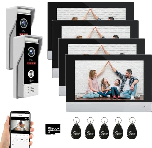 4-Wire Video Intercom System, 7 Inch Touch Screen WiFi Doorbell, 1080P Smart Intercom Kit with Motion Detection & Anti-Tamper Alarm, 32G Support, 2 Doorbells + 4 Monitors