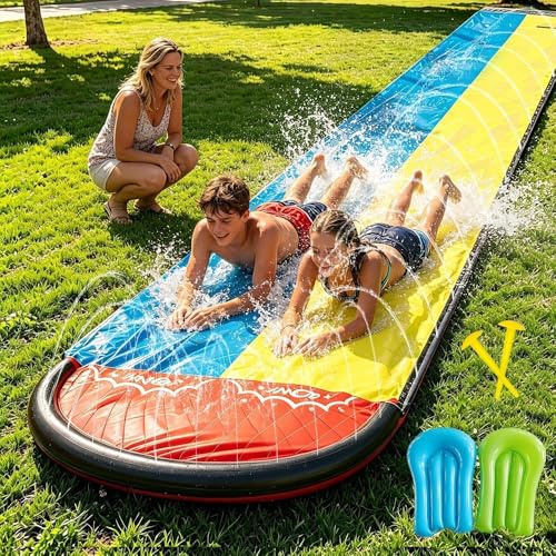 LYPPUL Wasserrutsche Garten für Kinder,480 cm/15.8ft Aufblasbare Wasserrutsche mit Eingebautem Sprinkler,Doppelte Wasserrutsch mit 2 Bodyboards,Wasserspielzeug für Kinder Erwachsene Outdoor,Gelb Blau