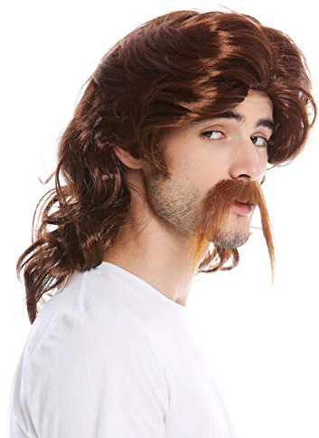 WIG ME UP - 91098-ZA33 Perruque Longue Moustache Homme Gaulois Germain Barde beauf prolétaire années 70 Coupe mulet Brun Rouge