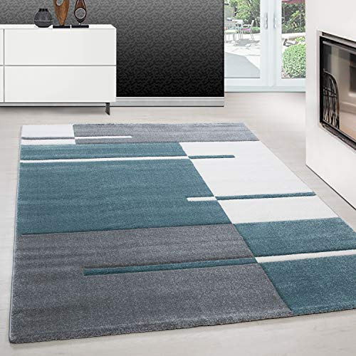 Teppium Moderner Kurzflor Teppich Wohnzimmer 200x300 (200 x 290 cm) Blau - Konturenschnitt Teppich Waschbar, Kariertes, Pflegeleicht, Weich - Ideal für Schlafzimmer, Esszimer und als Küchenteppich