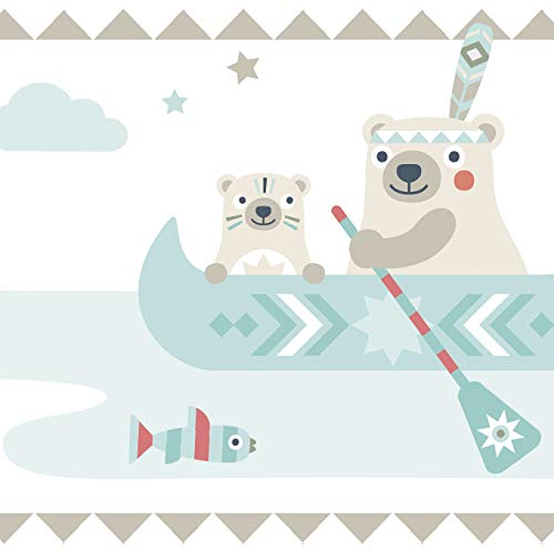 ANNA WAND Kinderzimmer Bordüre selbstklebend I Made in Germany I Tapetenbordüre 450 x 11,5 cm I Wandtattoo Mädchen & Junge I LITTLE INDIANS beige/türkis/rot