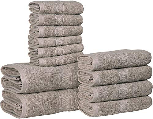 Hillfair 12-teiliges Badetuch-Set aus Baumwolle, 600 g/m², Hotel-Spa-Handtücher, 2 Badetücher, 4 Hände, 6 Waschlappen, saugfähige, weiche Baumwolle, Khaki-Stein