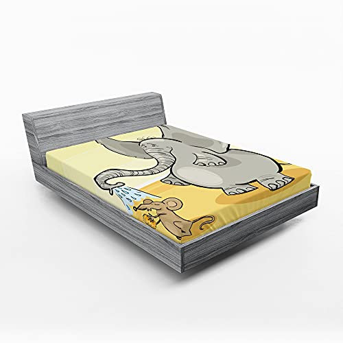 ABAKUHAUS Elefant Spannbetttuch, Elefant Baden-Maus, Soft Dekorativer Stoff Bettwäsche Rund-um Elastischer Gummizug, 120 cm x 190 cm, Grau, Gelb, Creme