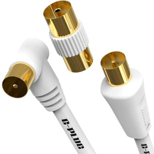 G-PLUG Cable de Antena TV Ángulo Recto y Adaptador, 0.5m – Cable Coaxial de Antena TV Satélite AV Cable de Antena Macho Macho con Conector RF y Extensión Coaxial Oro - FreeView, FreeSat, Sky Box, BT