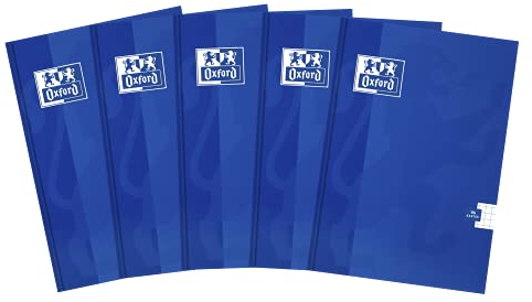 OXFORD Schulheft A5 Kladde 96 karierte Blätter mit Seitenrand, Optik Paper 90 g, fester laminierter Umschlag, Notizblock Set für Büro & Schule, 5 Stück-Packung, Blau