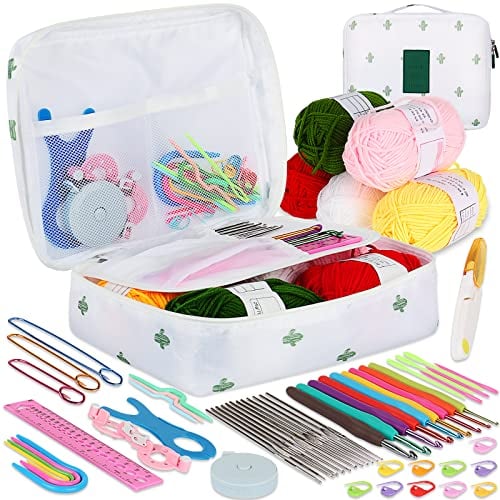 Coopay Kits de Ganchillo para Adultos Principiantes, Incluye Ganchos de Metal Ergonómicos de 0,6 mm a 6 mm, Accesorios de Tejido y Estuche de Cactus, Juego de Tejido con Lana y Agujas
