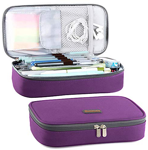 Homecube - Astuccio spazioso, organizer per cancelleria, con cerniera, per scuola e ufficio, 22 x 11 x 6 cm, viola