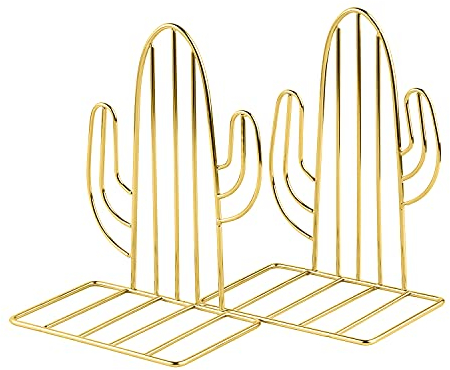 Bookends, MSDADA Metal Book Ends for Shelves, Geometric Book Holder for Heavy Books, Decorative Cactus Book Shelf Holder, Non-Skip Book Stoppers for Office, School, Home(Gold,1 Pair)
