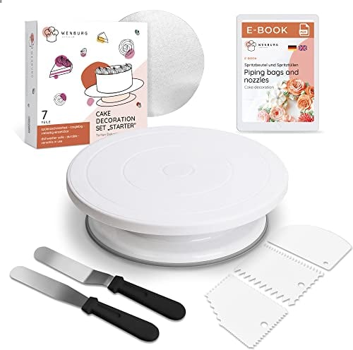 Wenburg Drehbare Tortenplatte, Tortendeko Set zum Backen - Backutensilien Backzubehör für Torten - Kuchen Drehteller, Winkelpaletten, Teigschaber, Tortendrehscheibe, Konditorei Zubehör (Set Starter)