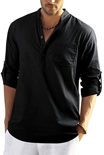 Enlision Mens Black Cotton Linen Shirts Long Sleeve Shirt Button Down Henley Shirts Lightweight Casual Plain Tops for Men 2XL