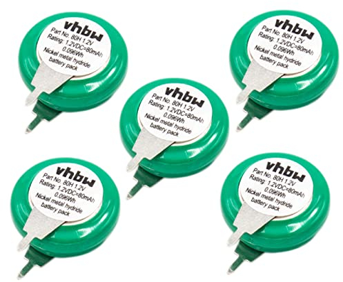 vhbw 5X NiMH Ersatz Knopfzellen-Akku Typ 1/V80H 2-Pins 80mAh 1,2V kompatibel mit Modellbau-Akkus, Solar-Leuchten UVM.
