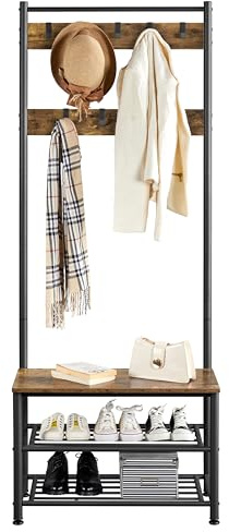 costoffs Industrial Coat Rack Stand Hall Tree with Shoe Bench, Brown | Particle Board & Carbon Steel, Adjustable Feet & Multi-Tier Shelves & Sturdy Frame, For Entryway Hallway Living Room