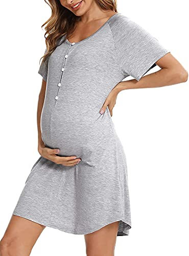 Uniexcosm Chemise de Nuit Femme Été Robe de Nuit Femme Coton Chemise de Nuit Allaitement Maternité Manches Courtes Col en V avec Bouton Devant Ouvert Gris Clair XL
