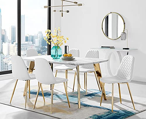 Furniturebox UK Dining Table Gold Leg Marble Effect Andria and 6 White Corona Chairs