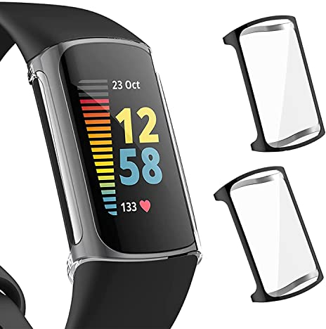 RuenTech Schutzhülle kompatibel für Fitbit Charge 5/Charge 6 Schutzfolie Gehaüse Abdeckung, Vollschutz Stoßfestes Displayschutz Schutz Hülle für Charge 5/Charge 6 (2 Stück schwarz)