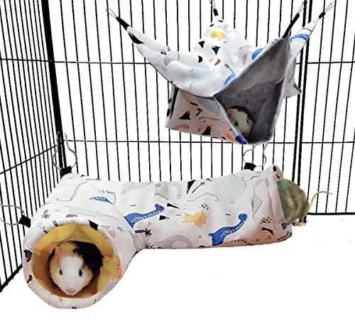 LEFTSTARER Guinea Pig Rat Corner Tunnel & Tubes Bunkbed Hammock, Guinea Pig Hideout for Small Pet Hedgehog Piggy Hamster Hide(1. Hammock&Tunnel-Dinosaur)