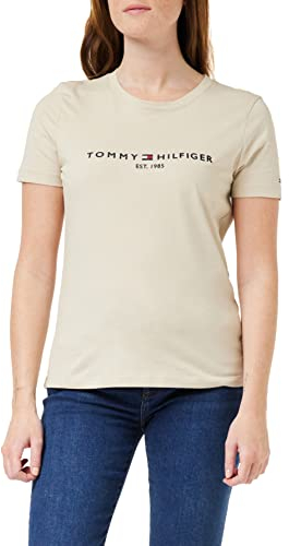 Tommy Hilfiger Damen T-Shirt Kurzarm Rundhalsausschnitt, Beige (Light Sandalwood), XS