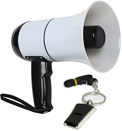 Mégaphone Porte Voix avec Batterie Rechargeable - Connexion Bluetooth, Lecteur USB, Enregistreur 240 sec et Sirène + Sifflet/Porte clés avec cordon, Combinaison idéale pour se faire entendre