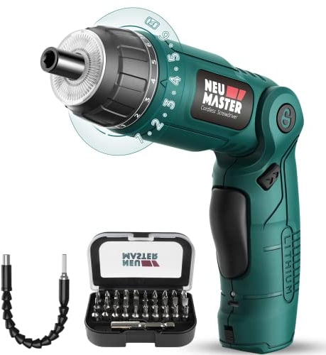 NEU MASTER Cordless Electric Screwdriver with Pivoting Handle, 6+1 Torque Setting, USB Cable, LED Light, 32pcs Bits, 2000 mAh Battery