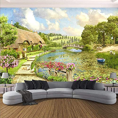 3D Self-Adhesive Canvas Wallpaper Large Mural Photo Wallpaper Garden River Scenery Poster Wallpaper Decorative Mural Wallpaper Home Decoration For Teen Dorm Boy Girl Room Living 400(W)x280(H)cm
