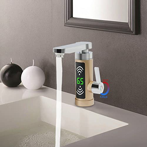 3000W Instant Water Heating Wasserhahn, 360° drehbarer sofortiger Warmwasserbereiter, Warmwasserhahn mit LED-Temperaturanzeige für Küche, Badezimmer,Küchen, Duschen,Gold