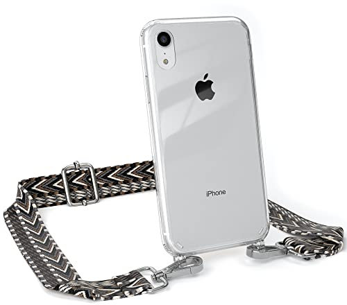 EAZY CASE Handykette - Verstellbarer Gurt kompatibel mit iPhone XR, Schulterriemen, Flache Kordel, Handykordel mit Hülle, Hülle mit Kette, Anthrazit/Schwarz - Metall Silber