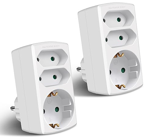 EXTRASTAR 3-Fach Steckdosenadapter, 2 Euro+1 Schuko, EU Stecker Adapter mit Kindersicherung, Steckdosenleiste für Büro, Heim oder Reise, Weiß (2 Stück)