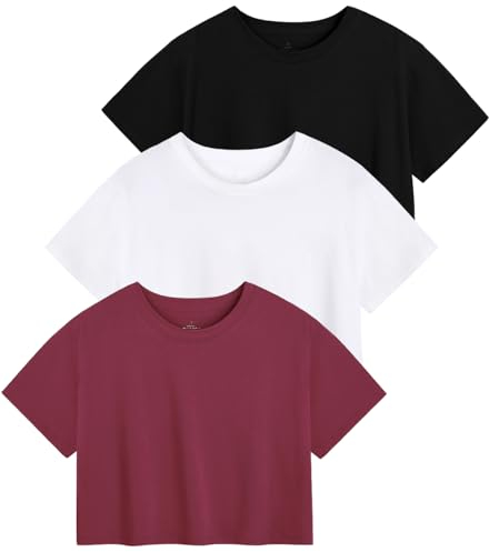 Star Vibe 3er Pack Sportoberteil Damen Croptops Gym Yoga Shirt Locker Sport T-Shirt Fitness Black/White/Wine Red L